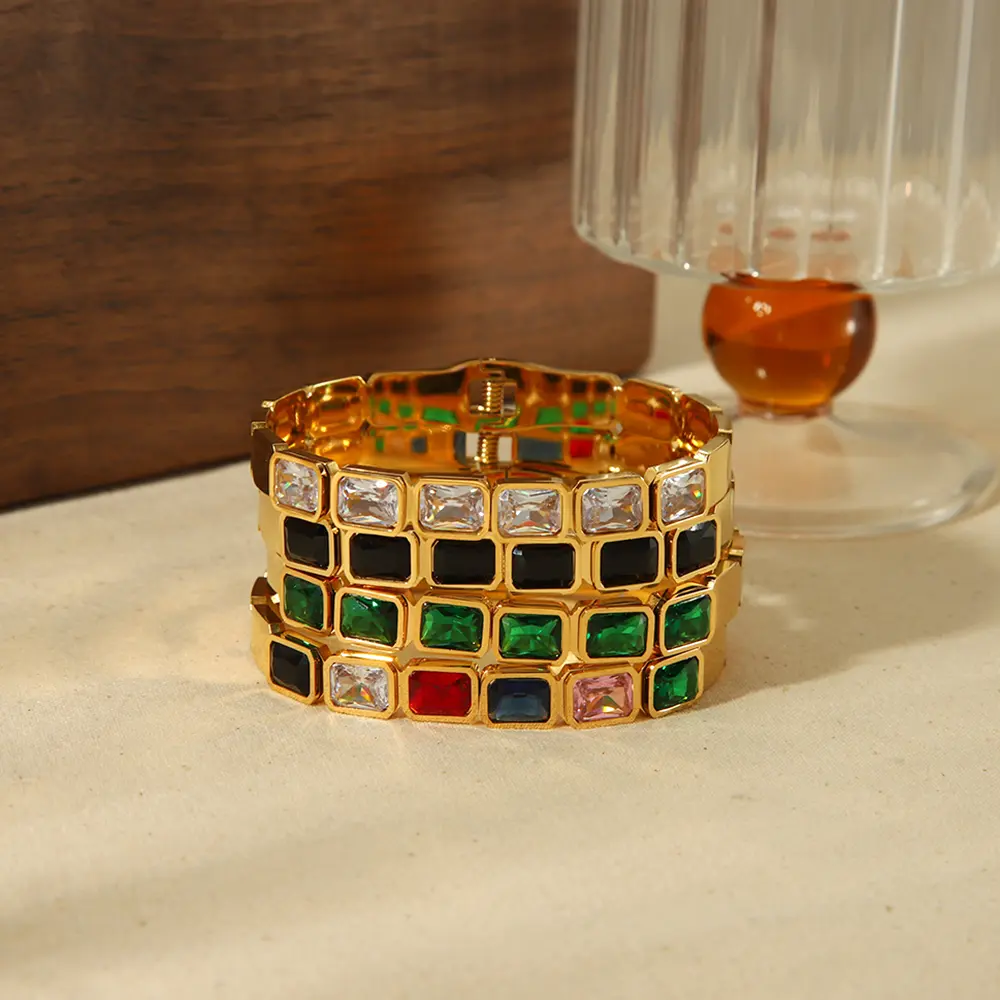 1 Piece Elegant Classic Style Square Shape Stainless Steel  Gold Color Inlay Colorful Zircon Women's Bangles h5 